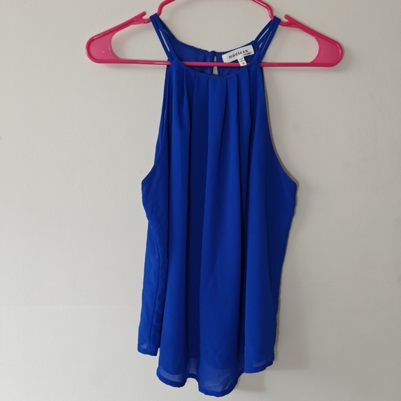 Monteau Sz Small Royal blue Sleeveless halter Top Blouse  Pleated High Collar - Picture 2 of 7
